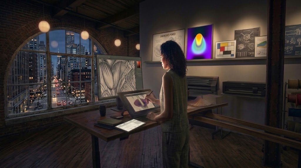 An illustrator working at a pen display in a night-time loft studio, artwork on the walls and a plotter behind her