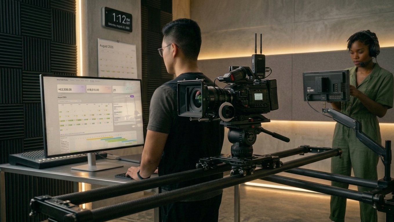 A videographer on set with a cinema camera on a slider, reviewing the shoot calendar in mystudio.ooo on a monitor